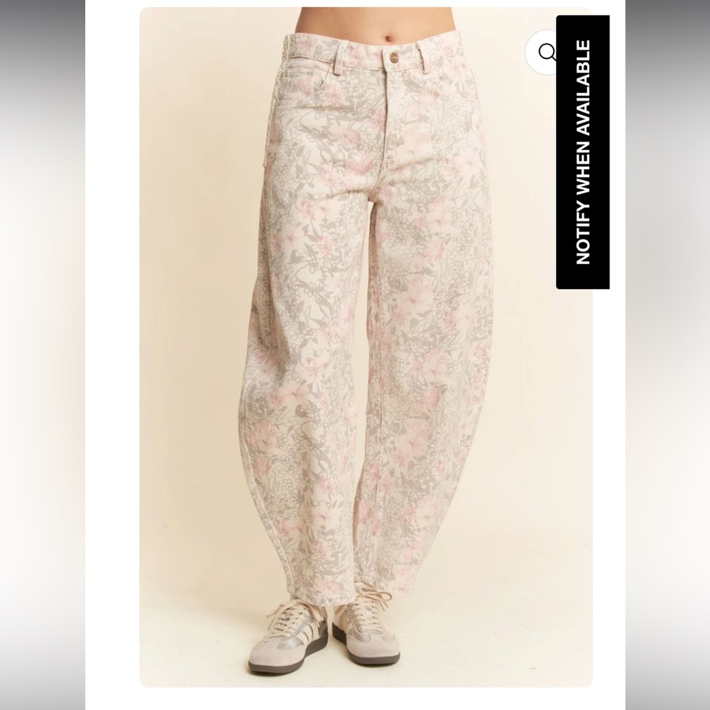 SOLD - DAVI & DANI Pink and Gray Floral barrel jeans